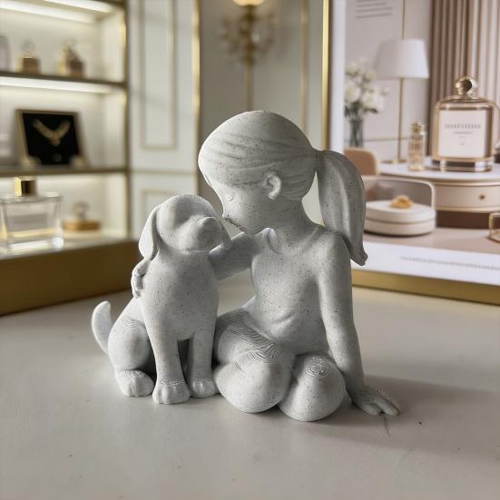 Girl And Dog Statue Nordic Style Desktop Girl Dog Figurine for Bedroom Living Room Home Office Shelf Desk Decor