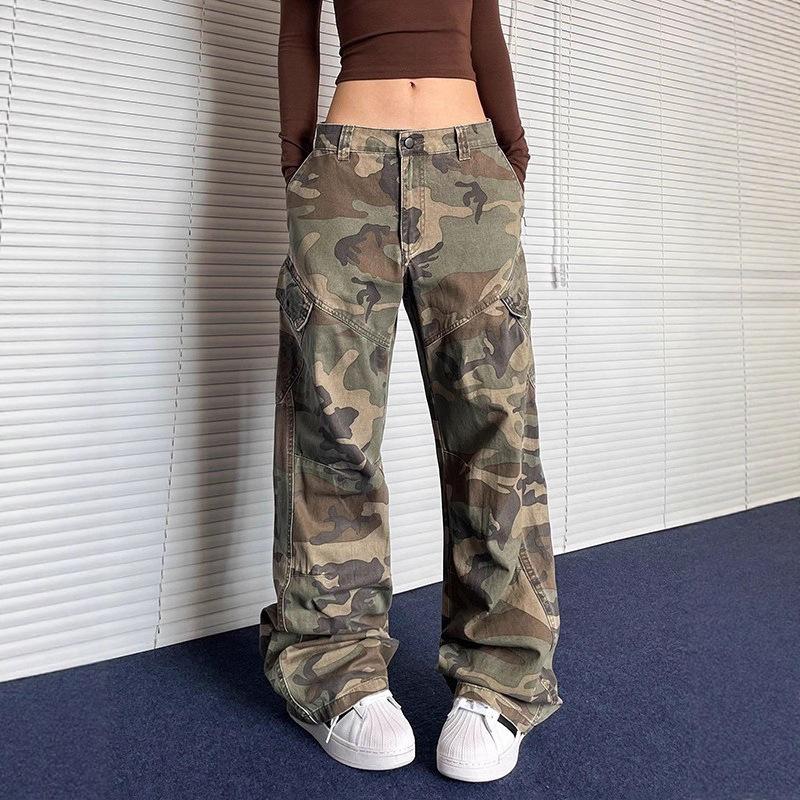 Pantalones Cargo Camuflaje para Hombre y Mujer Retro High Street Bolsillo Inclinado Pierna Ancha Rectos Holgados Pantalones Deportivos Casuales Ropa Diaria