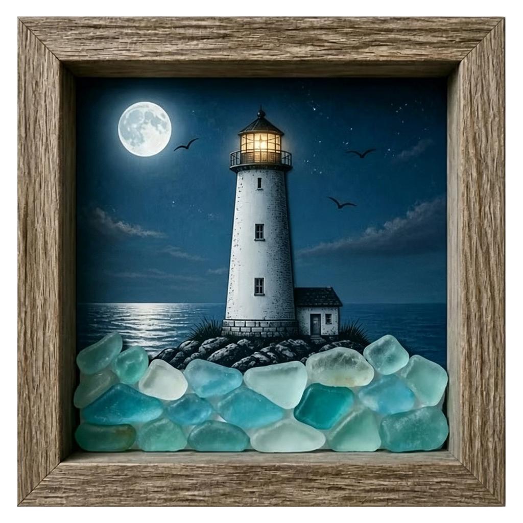 Coastal Lighthouse Sea Glass Night Light DIY Shadow Box Night Light Decorative Theme Ambient Lamp Nautical Tabletop & Wall Decor