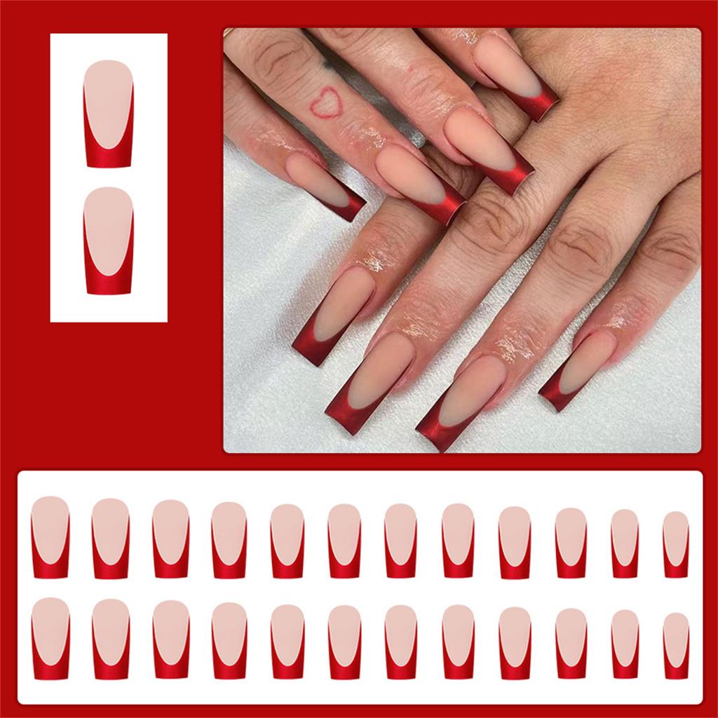 24x French Tip Full Cover False Nail Fashion Press On Nail Long Square Stick On Nail Glossy Acrylic Nail for Daily