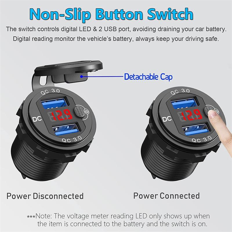 Quick Charger Aluminum Qc3.0 Dual Usb Car Charger With Switch Button Led Voltage Display For 12V/24V Cars Boats Motorcycle