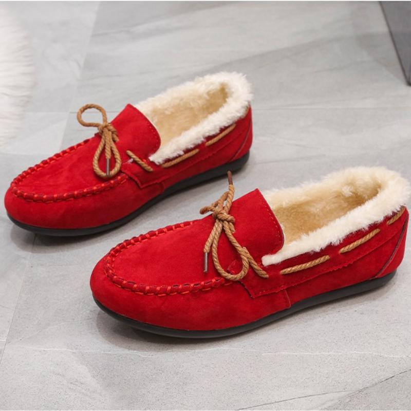 2025 Winter Women's New Bean Shoes Fashionable, Comfortable, Warm, Plush Bow Women's Cotton Shoes Casual Non slip Flat Shoes