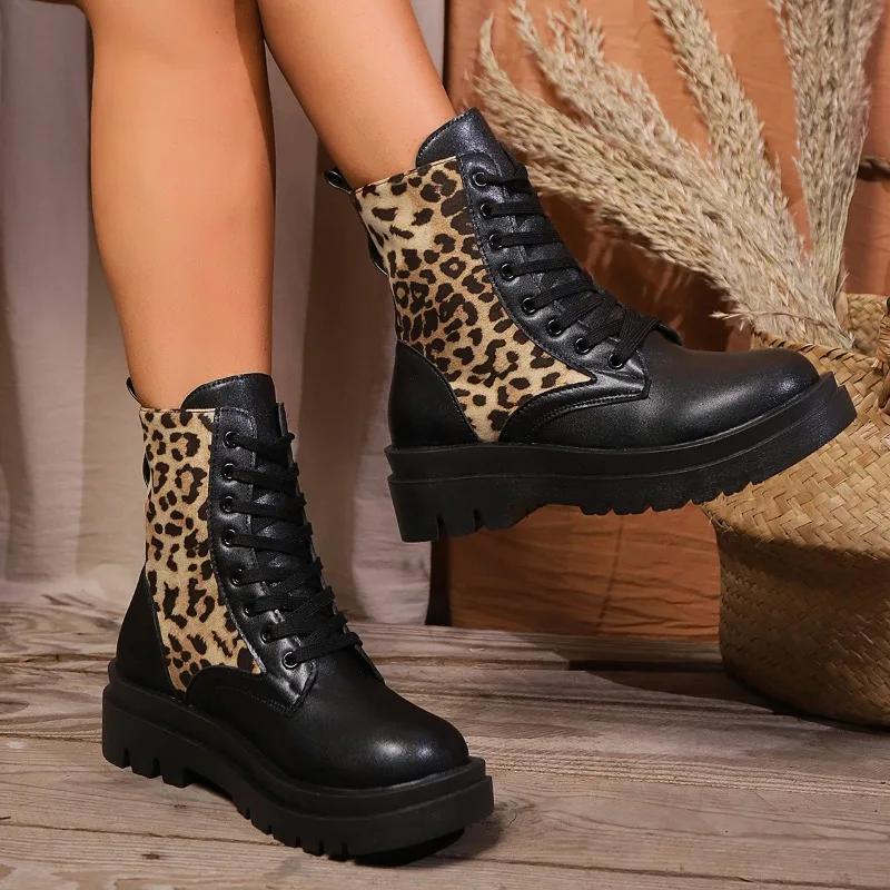 Mode 2024 Mode Damen Schuhe Schnürung vorne Damenstiefel Heißer Verkauf Leopardenmuster Büro und Karriere Neu Runde Zehenpartie Halbwadenstiefel