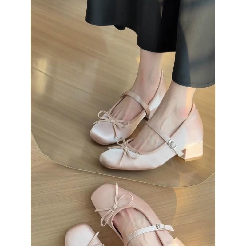 Inner height increase 7CM pink satin bow high heel Mary Jane shoes women's thick heel soft sole versatile ballet single shoes women
