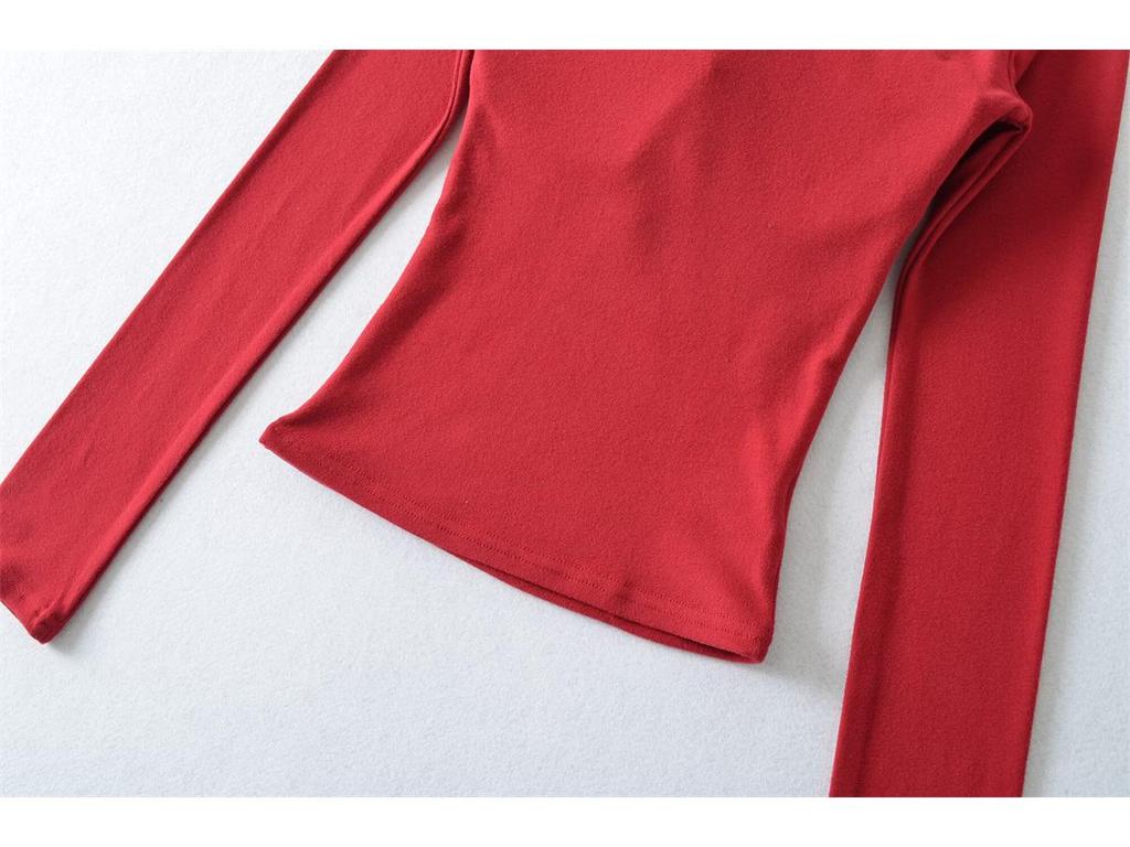 Korean Square Neck Slimming Long Sleeve T-Shirt with Chest Pads and Waist-Cinching Design for Women - Spring/Autumn