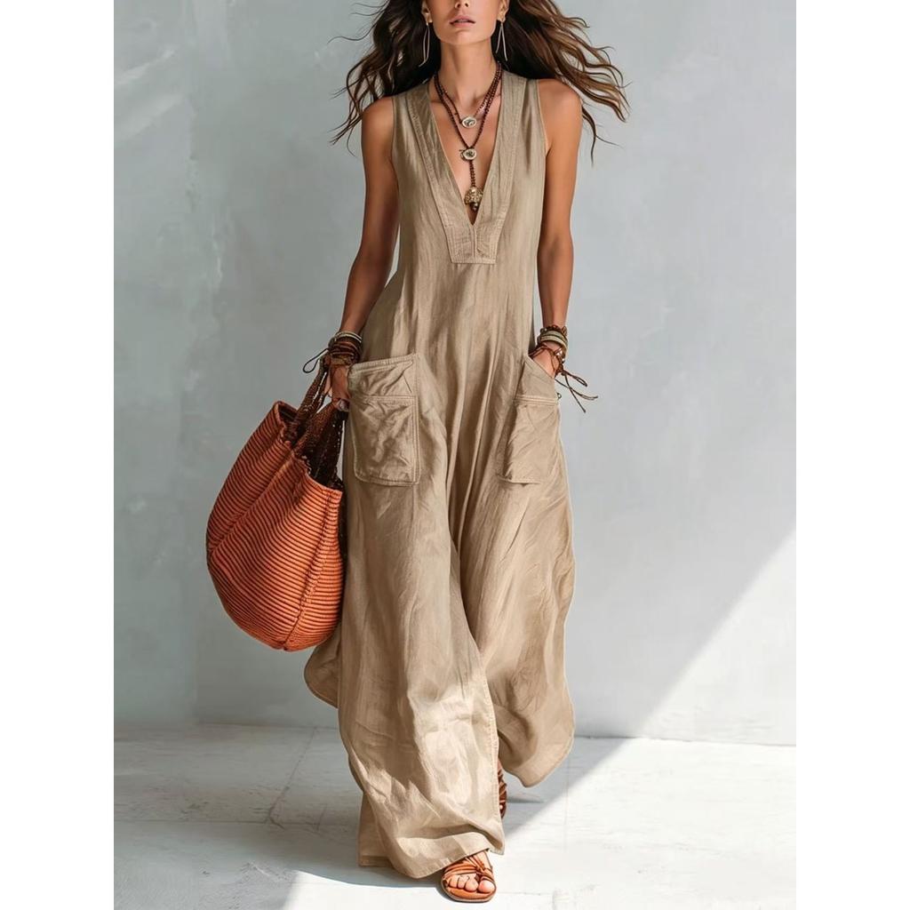 Women's Sleeveless Deep V Neck Loose Wide Leg Jumpsuit Solid Pocket Maxi Jumpsuit Casual Vacation Romper