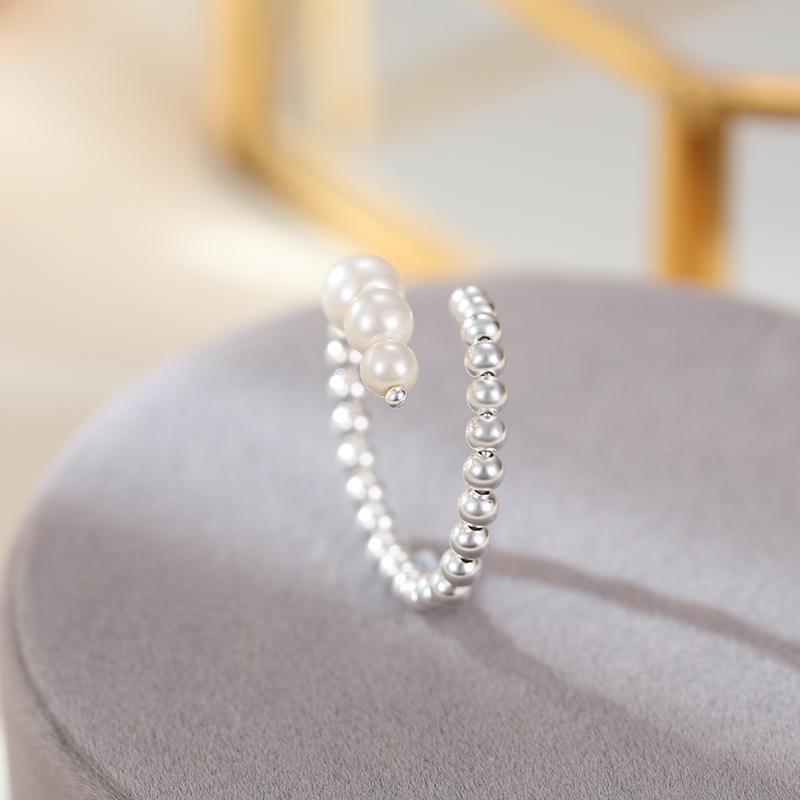 Banyan Tree Adjustable Women's Silver Pearl Ring - S925 Silver Round Bead Design