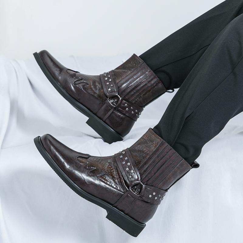 Pánské retro westernové kovbojské boty se širokou hlavou žokejské boty Motocyklové boty pouliční styl Cool vysoké boty nadměrná velikost