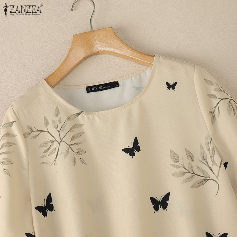ZANZEA Women Casual Round Neck Loose Short Sleeve Print Blouse