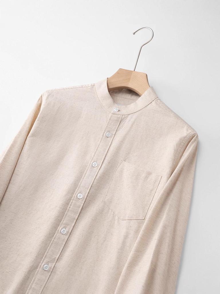 Men's Cotton Linen Stand-up Collar Shirt - Khaki, Retro, Long Sleeve, Trendy Top for Spring and Autumn.