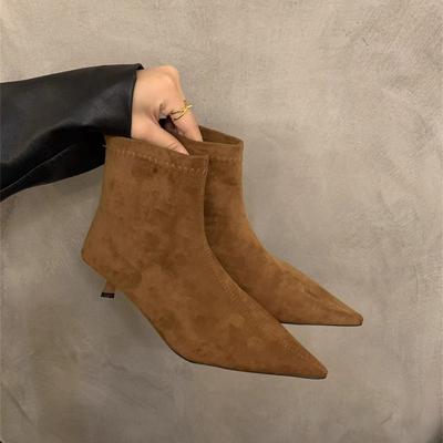 Pointed Short Boots for Women In Autumn and Winter 2025 New Short Tube Niche Zipper Elastic Thin Boots Thin Heel High Heel Boots for Women