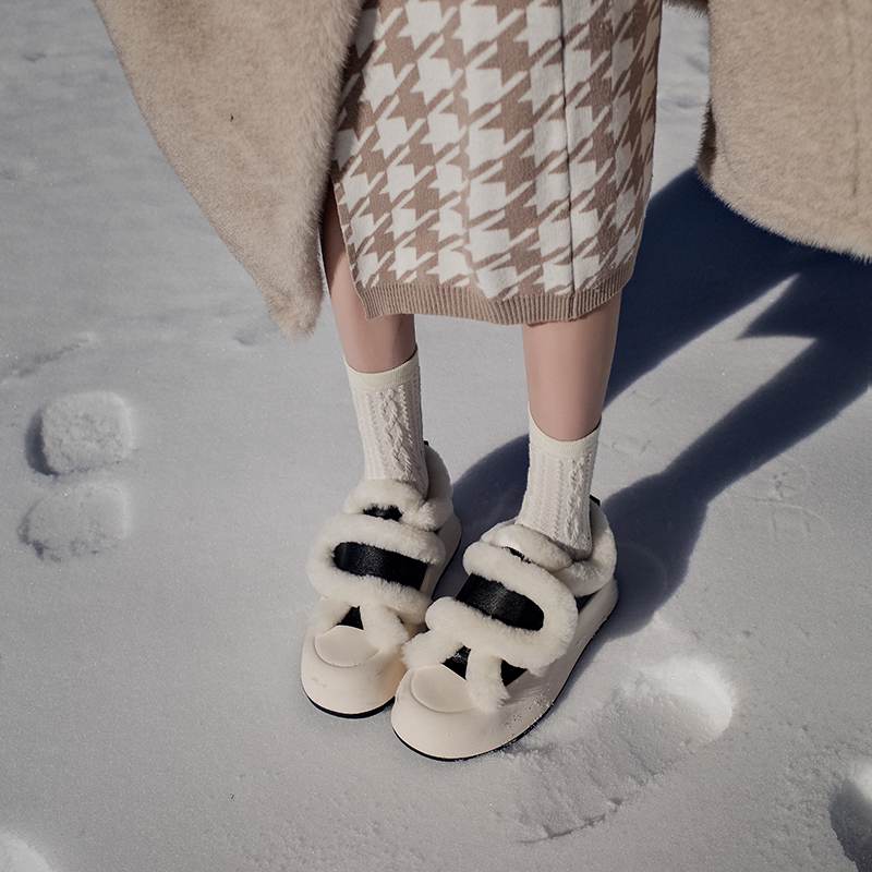 Cow Split Leather Keep Warm Winter White Sneakers Platform Women Artificial Wool Casual Shoes