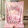 Pink Heart with Kitten and Flowers Theme blanket Lightweight Warm Flannel Blanket Decorative Throw Blanket for Home Decoration