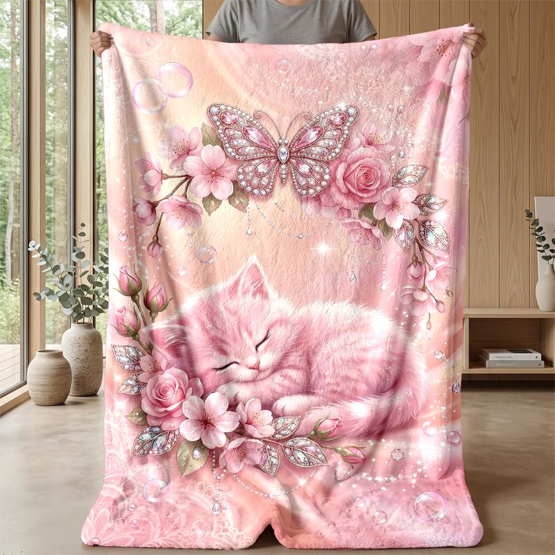 Pink Heart with Kitten and Flowers Theme blanket Lightweight Warm Flannel Blanket Decorative Throw Blanket for Home Decoration