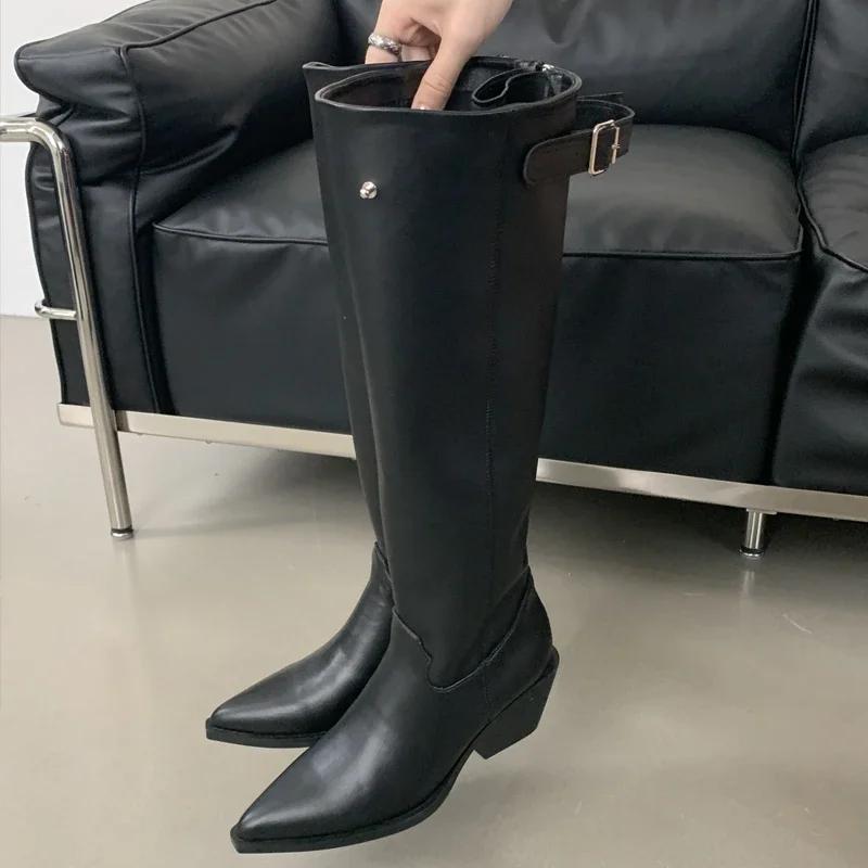 Winter Belt Buckle Pointed Toe Women Knee-High Boots Fashion Vintage Square Low Heels Ladies Shoes