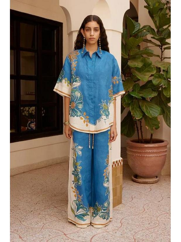 

2025 Casual Fashion Loose Short Sleeve Shirt Set Medium peacock синього кольору