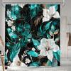 ropical Floral Shower Curtain - White Hibiscus & Green Leaves on Black, Golden Accents, Modern Botanical Design