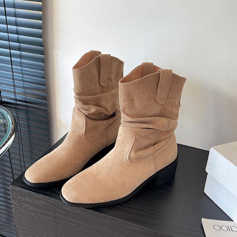 Knight boots women's 2025 new long tube thick heel Maillard brown tall boots retro suede pleated pile boots