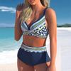 Women's Halter Two Thick Stripes Print Bikini Tankini Swimsuit