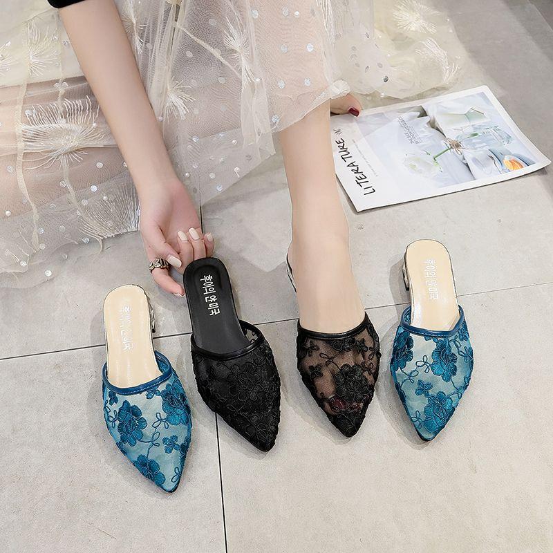 Shoes for Women Low Heel Slides Sexy Black Woman Mules Slippers Pointed Toe Embroidery 39 Chic and Elegant H Sandal Pvc Sandals
