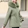 BITCED Fleece-Lined Thickened Down-Filled Cotton Coat for Women - Short Style Autumn/Winter Waist-Defining Design with Large Fur Collar