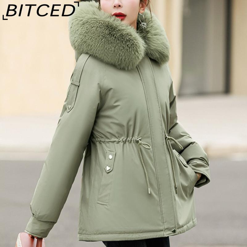 BITCED Fleece-Lined Thickened Down-Filled Cotton Coat for Women - Short Style Autumn/Winter Waist-Defining Design with Large Fur Collar
