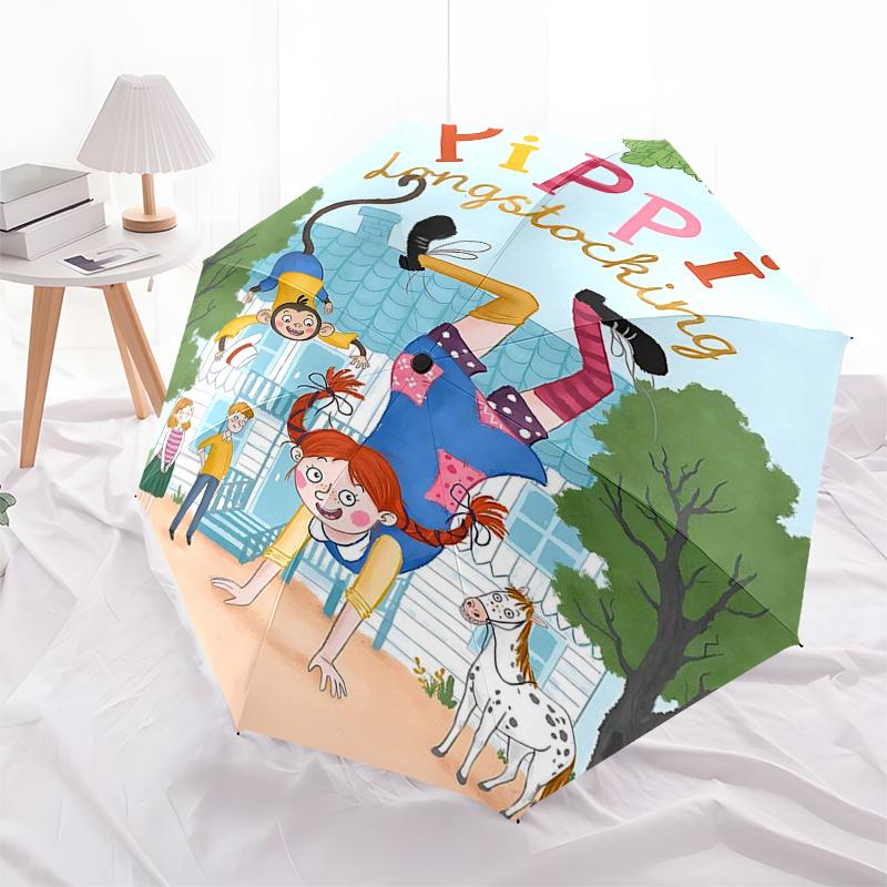 Ombrello da Viaggio a Tema Pippi Calzelunghe - 8 Stecche, Apertura e Chiusura Automatiche, Design Pieghevole Portatile, Ombrello Compatto ed Elegante Adatto