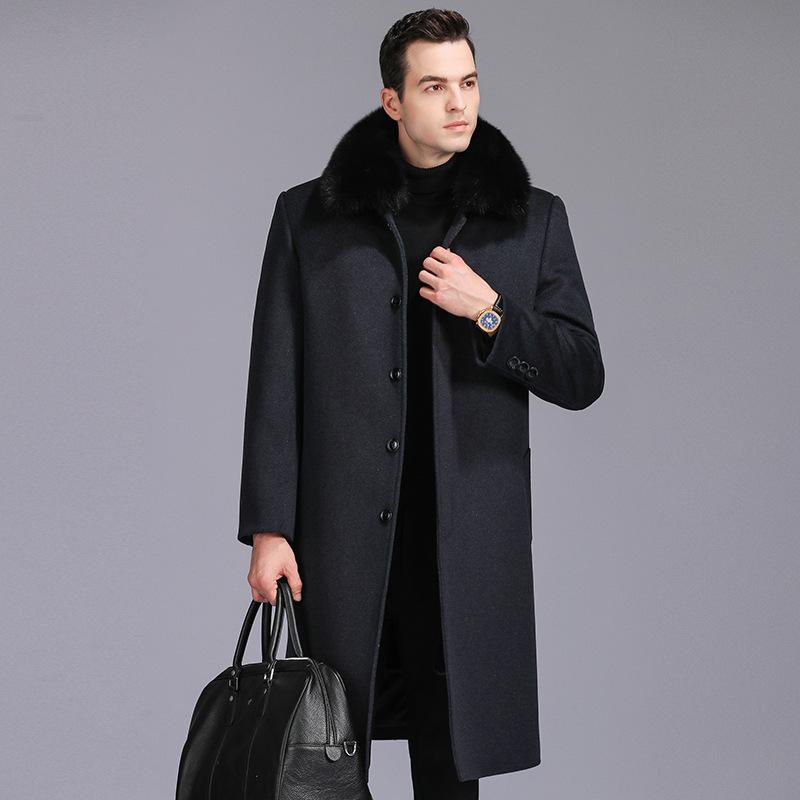 Middle-aged and Elderly Men's Removable Woolen Woolen Woolen Coat with Real Fur Collar and Velvet Thickened Daddy Coat