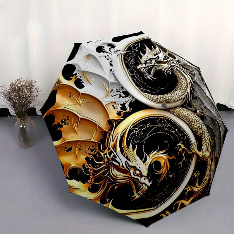 1pc Dragon Yin Yang Symbol Automatic Folding Umbrella - 8-Rib Iron Frame, Windproof, Portable Sunshade with Plastic Handle for Travel & Outd