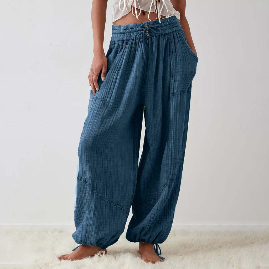 Women's Casual Loose Fit Drawstring Pants with Pockets, Boho Lightweight Wide Leg Trousers for Summer