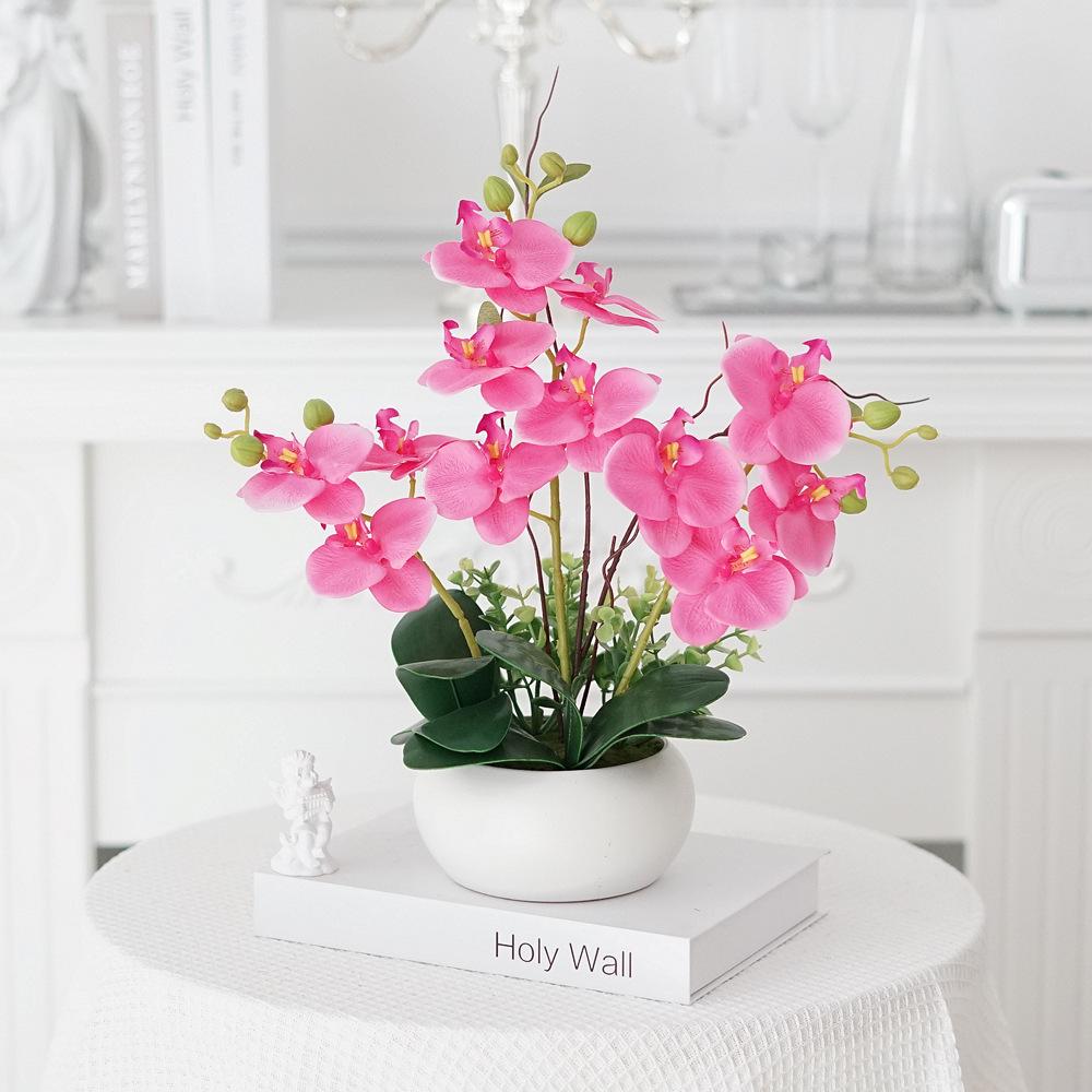 Phalaenopsis Artificial Flower Arrangement in Ceramic Pot – Decorative Faux Orchid for Living Room