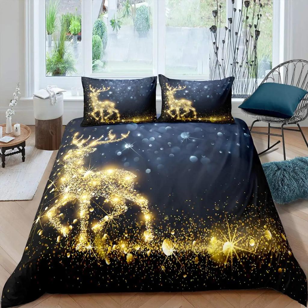 Christmas Tree Duvet Cover Set Blue Xmas Comforter Cover Girly Glitter Elk Bedding Sets Winter Snowflakes Duvet Cover Full Size