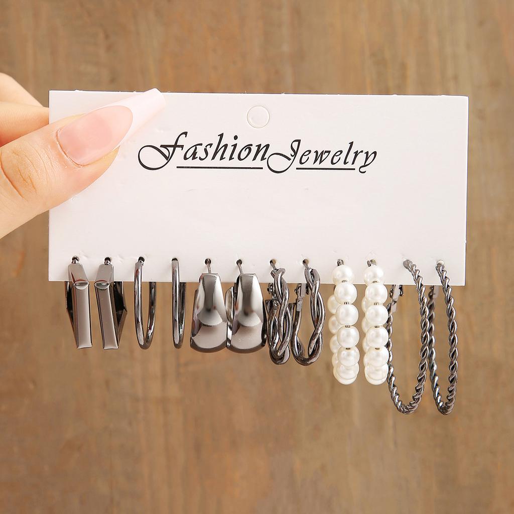 Boho Silver Color Earrings Set for Women Vintage Heart Pearl Metal Geometric Twist Hoops Earrings 2024 New Trendy Jewerly Gifts