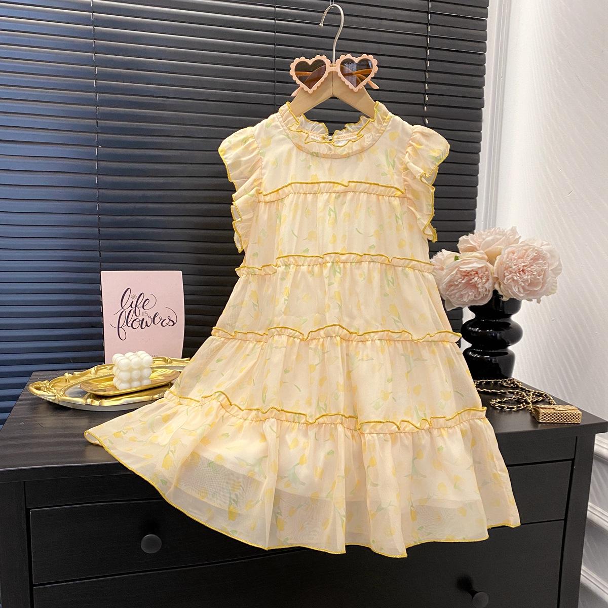 Yellow Floral Mesh Flutter Sleeve Princess Dress for Baby Girls 7Y/140 жёлтый