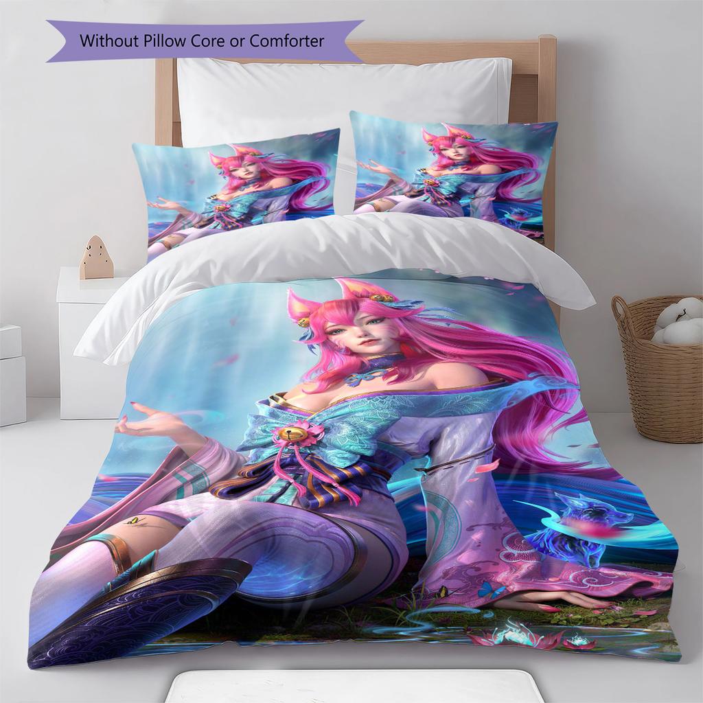 KDA Ahri Pattern Bedding Quilt Set Quilt Cover Pillowcase Home Decoration Gift (1 * duvet cover + 2 * pillowcase, without core)