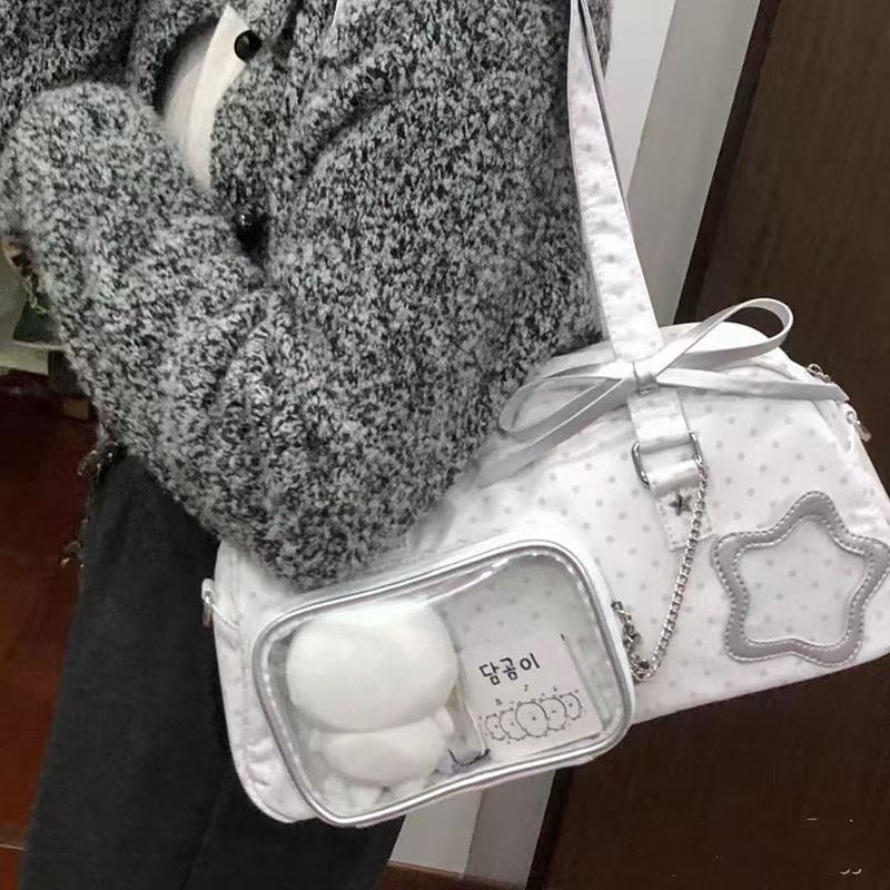 Kawaii Polka Dot Ita Bag Women Star Pocket Shoulder Bag Y2k Style Crossbody Bag With Clear Display Pocket Cute Commuter Handbag