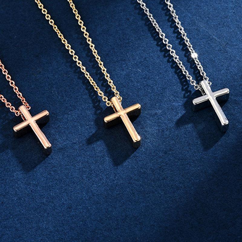 PANJBJ S925 Sterling Silver Korean Personality Glossy Cross Necklace Ladies Simple And Versatile Pendant Chain NecklacePANJBJ