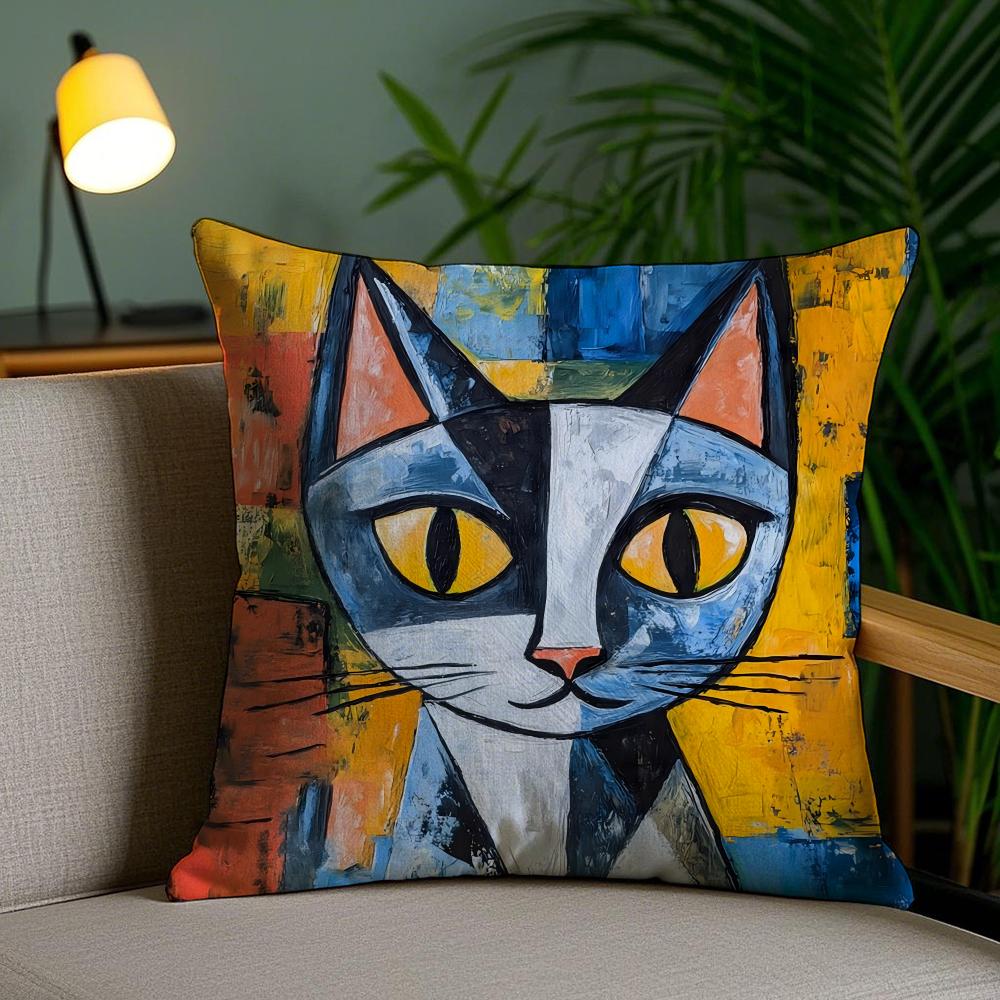 Classic Picasso Cat Oil Cushion Cover Soft Short Plush Double-Sided Printing Home Decor Machine Washable Pillow Case Gift