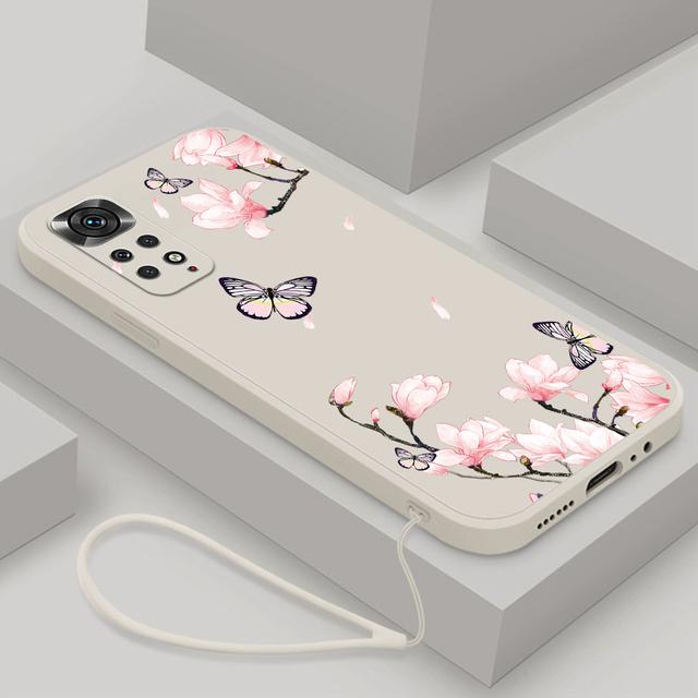 Blomster Silikondeksel For Xiaomi Redmi Note 11 Pro Plus 11pro+ 5G 10 8 9 Pro Max 9t 9s 10s Sommerfugl Telefondeksel med Lanyard
