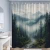 Misty Forest Shower Curtains Pine Trees Mountain Plant Birds Blue Abstract Art Landscape Polyester Fabric Bathroom Curtain Decor