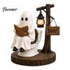 Healing Ghost Figurines Halloween Figurine, Vintage Cozy Reading Book/Walking Dog Statue with Lantern, Autumn Harvest Decorations Light Up Spooky