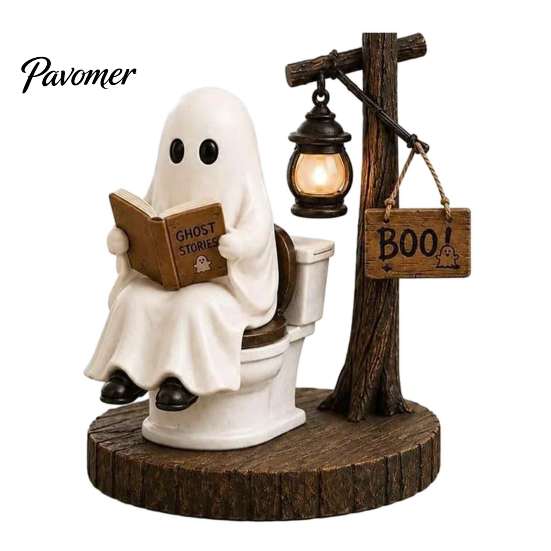 Healing Ghost Figurines Halloween Figurine, Vintage Cozy Reading Book/Walking Dog Statue with Lantern, Autumn Harvest Decorations Light Up Spooky