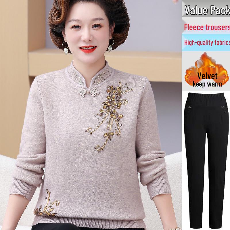 Mom's Chinese Embroidered Top: Fashionable Plus Velvet Sweater for Middle-Aged & Elderly Women, Autumn/Winter Base Layer