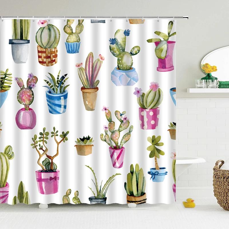 Cactus Shower Curtains Waterproof Polyester Fabric Shower Curtains Tropical Plants Bathroom Screen Curtain Home Decor 180X180cm