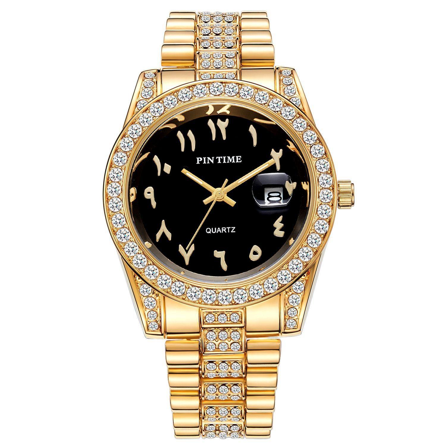 

PINTIME Male Quartz Watches With Diamond Studded Bezel Design Arabic Numeral Scale Fashion Business Style Men s Waterproof Calendar Luminous Watch золотий/чорний