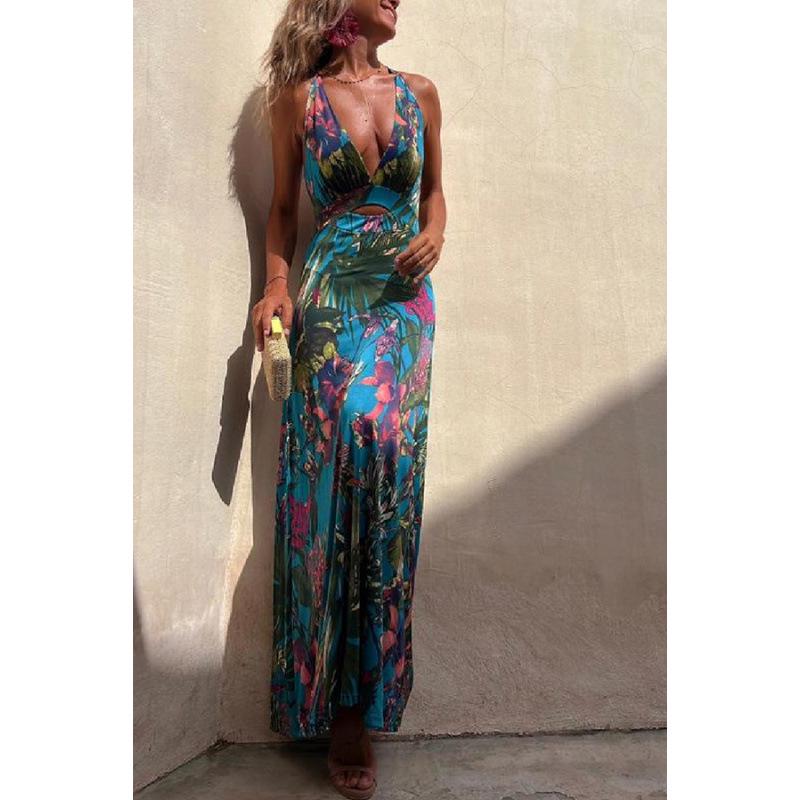 2023 European & American Sexy Print Spaghetti Strap Vacation Dress for Women