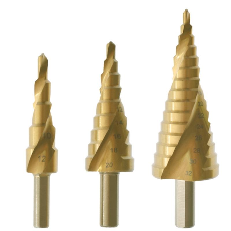

A Set of 3 High-speed Steel Drill Bits Titanium-Coated Step Drill for Perforated Metal Iron Aluminum Set Golden 1
