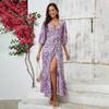 Summer Floral Print Women Dress V-Neck Casual A-Line High Waist Short Bubble Sleeve Straps Ankle-Length Slit Spring Dresses