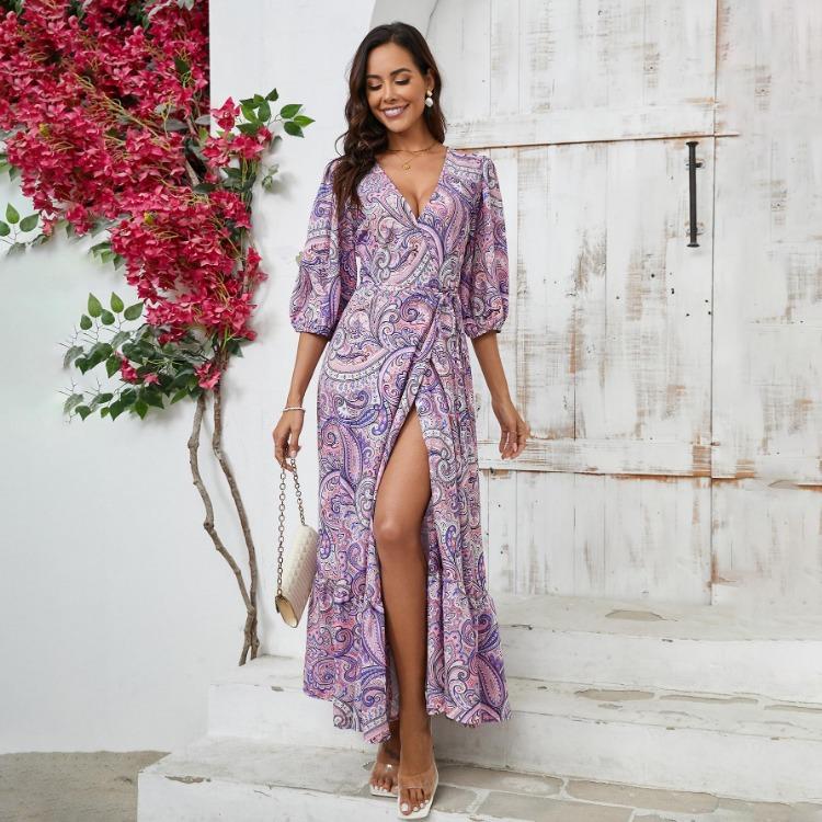 Summer Floral Print Women Dress V-Neck Casual A-Line High Waist Short Bubble Sleeve Straps Ankle-Length Slit Spring Dresses