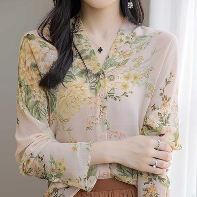 French V-neck Floral Shirt Ultra-thin Women's Long-sleeved Loose Fashion Sunwear